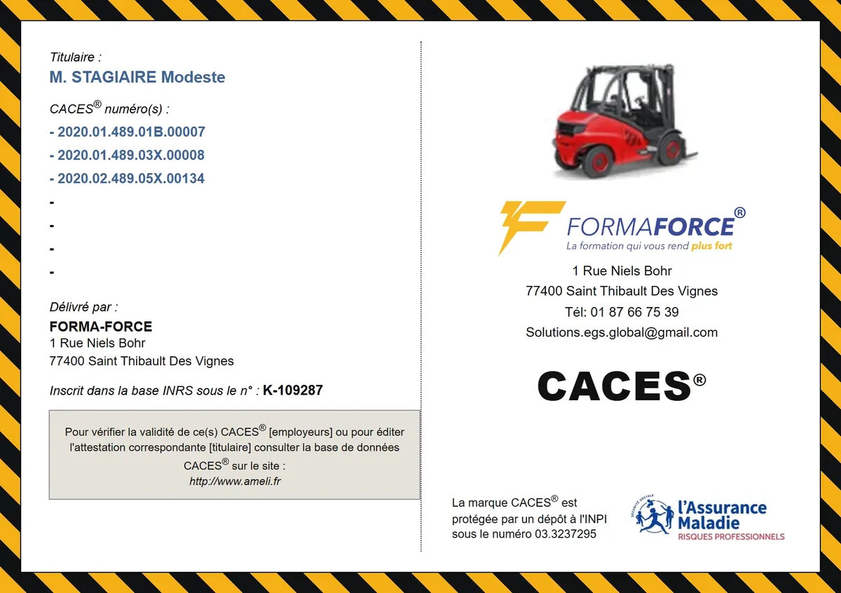 Verso d'un certificat CACES® FORMAFORCE® — modèle non nominatif